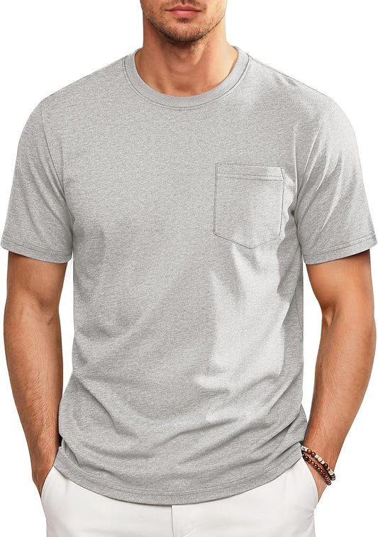 Solid Cotton Chest-Pocket Crewneck Tee, Heather Grey product photo