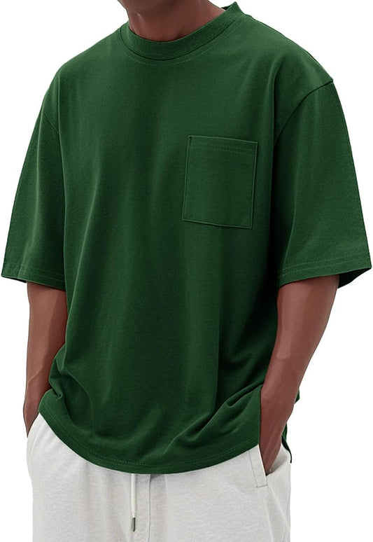Solid Cotton Chest-Pocket Crewneck Tee, Olive Green product photo