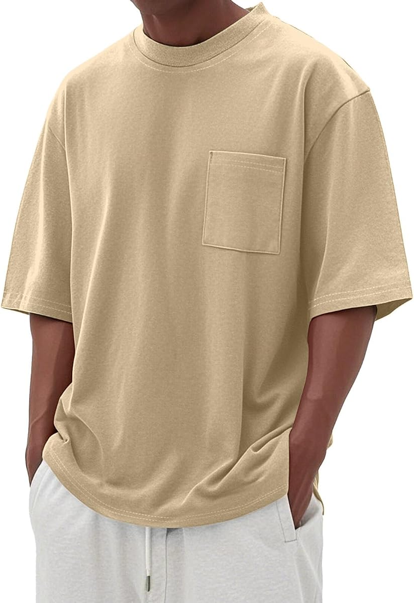 Solid Cotton Chest-Pocket Crewneck Tee, Sand Beige product photo