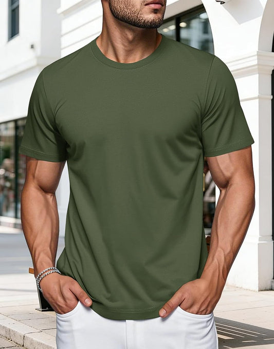 Solid Cotton Crewneck Short-Sleeve Tee, Olive Green product photo