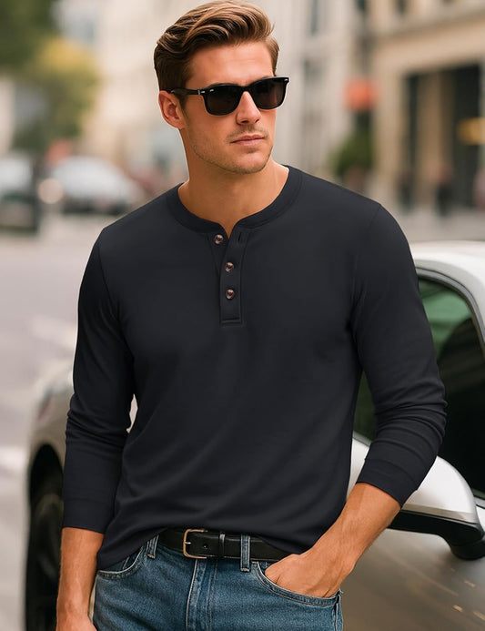 Solid Cotton Long-Sleeve Henley Top, Black product photo