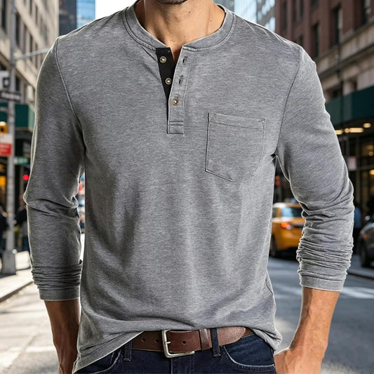 Solid Cotton Long-Sleeve Henley Top, Heather Grey product photo