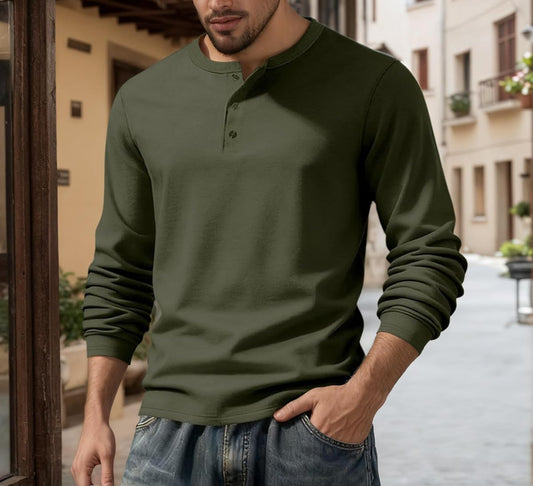 Solid Cotton Long-Sleeve Henley Top, Olive Green product photo