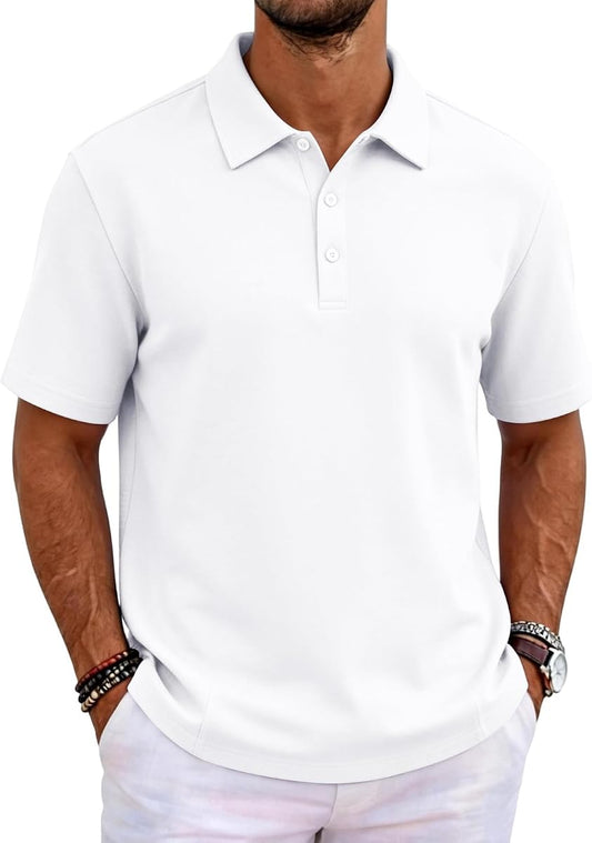 Solid Cotton Pique Short-Sleeve Polo Shirt, White product photo