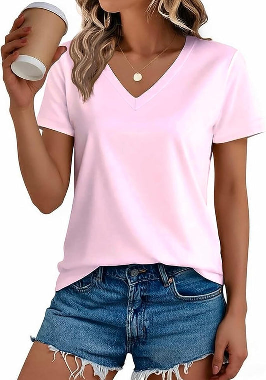 Solid Cotton V-Neck Short-Sleeve Tee, Blush Pink product photo