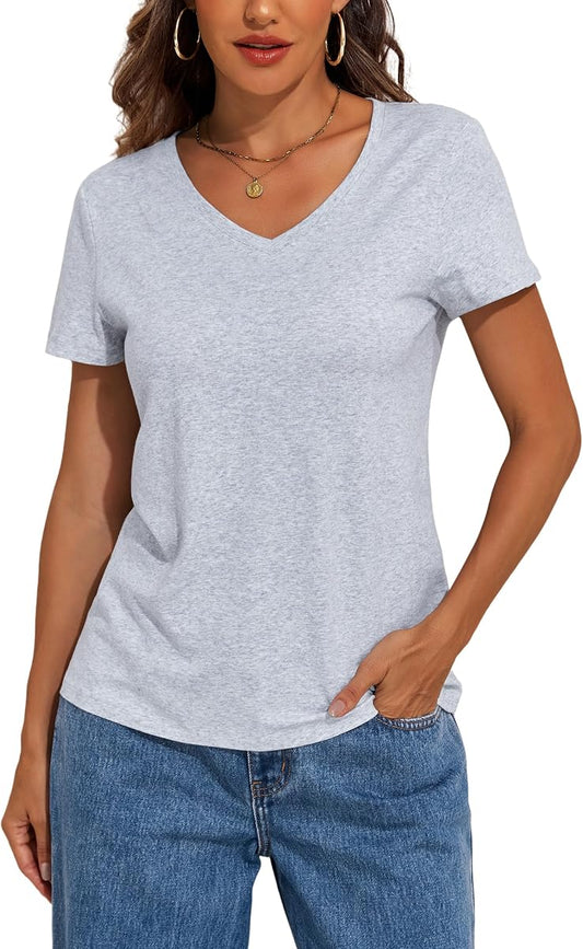 Solid Cotton V-Neck Short-Sleeve Tee, Heather Grey product photo