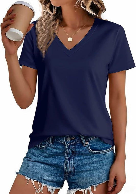Solid Cotton V-Neck Short-Sleeve Tee, Navy product photo