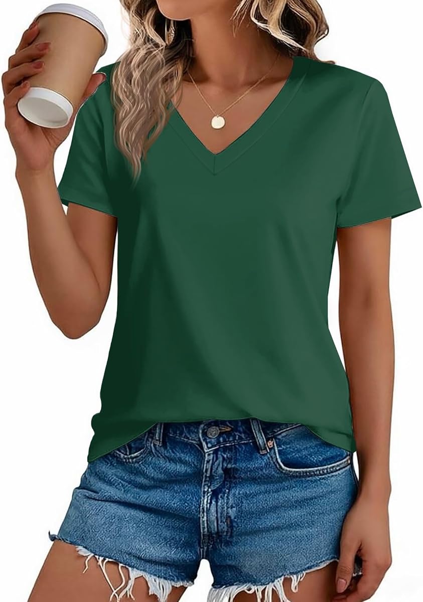 Solid Cotton V-Neck Short-Sleeve Tee, Olive Green product photo