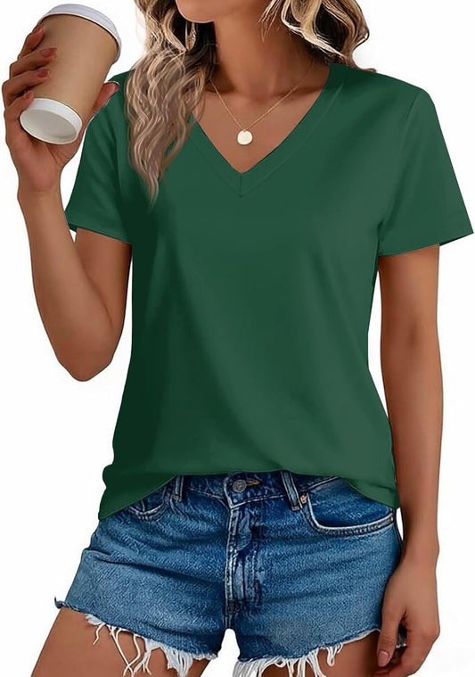Solid Cotton V-Neck Short-Sleeve Tee, Olive Green product photo