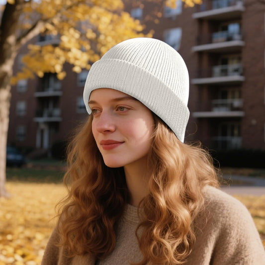 Solid Ribbed Knit Cuffed Beanie, Cream product photo