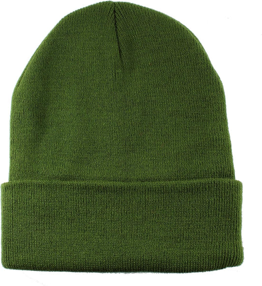 Solid Ribbed Knit Cuffed Beanie, Olive Green product photo