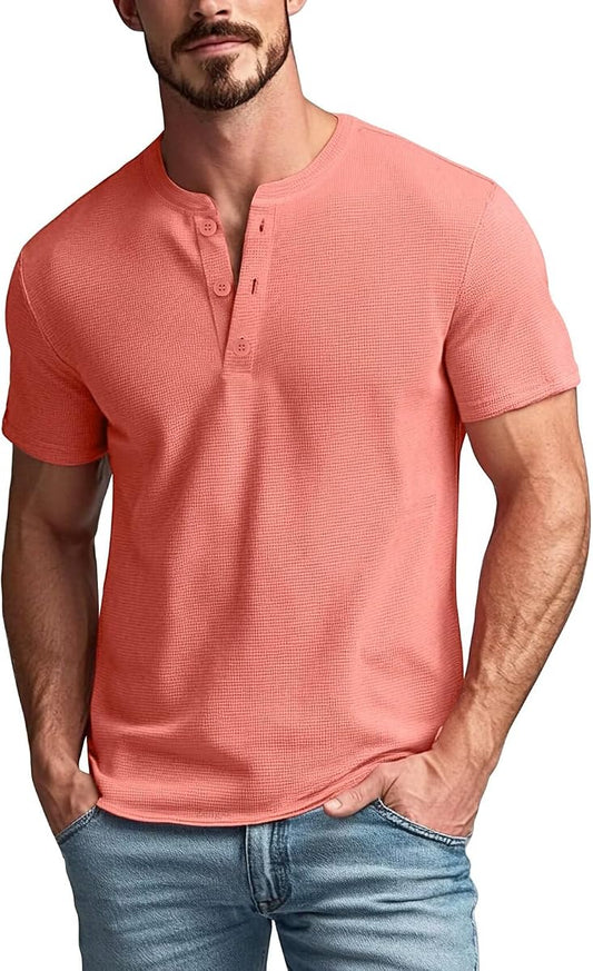 Waffle-Knit Short-Sleeve Henley, Rust product photo